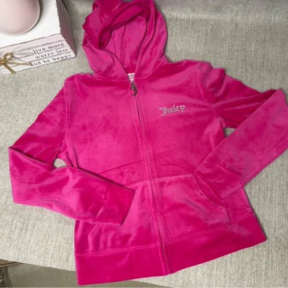 Juicy Couture Hot Pink Velour Zip Hoodie Small Y2K Rhinestone Logo - Picture 1 of 4